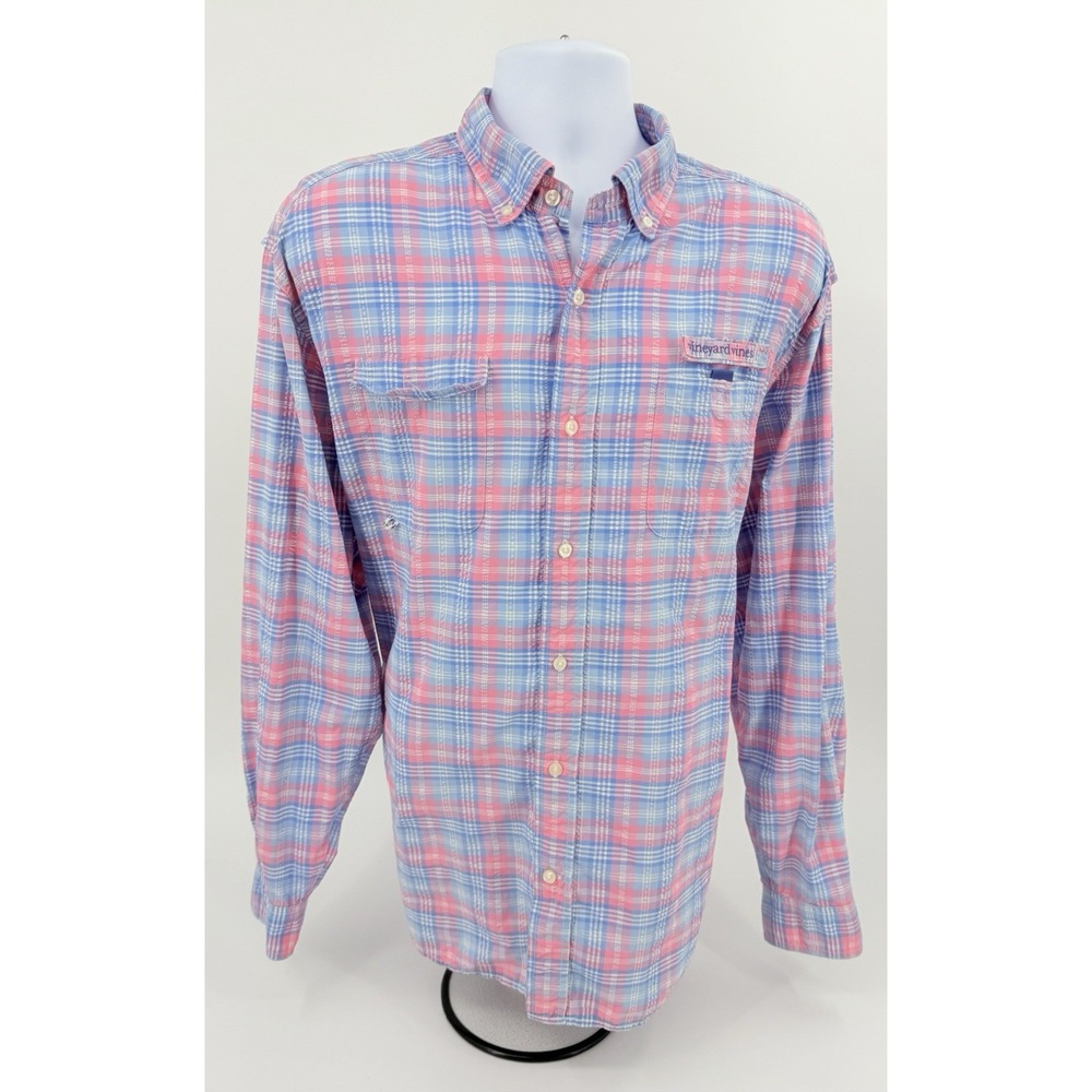 Vineyard Vines "Harbor Shirt" Long Sleeve Plaid Vented Blue & Pink Men's XL